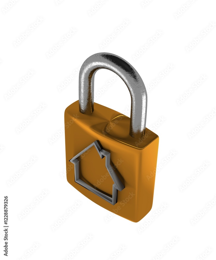 3d protection concept, golden padlock with house shape 3d protection concept, golden padlock with house shape