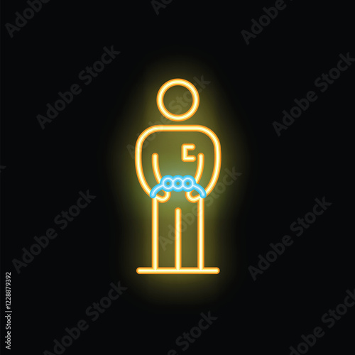 Neon icon of a prisoner wearing handcuffs and a prison uniform, symbolizing concepts of imprisonment, justice, and the legal system