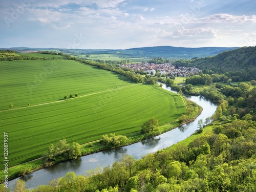 View of the Werra River and the town of Creuzburg in the Werra Valley, Creuzburg, Thuringia, Germany, Europe photo