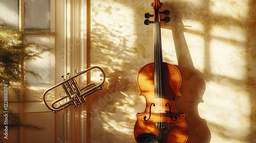 Golden Sunlight on Violin and Trumpet in Interior Room photo