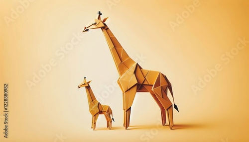 Origami giraffe with baby giraffe on a warm golden background in a minimalist paper craft style creating a unique artistic decor concept