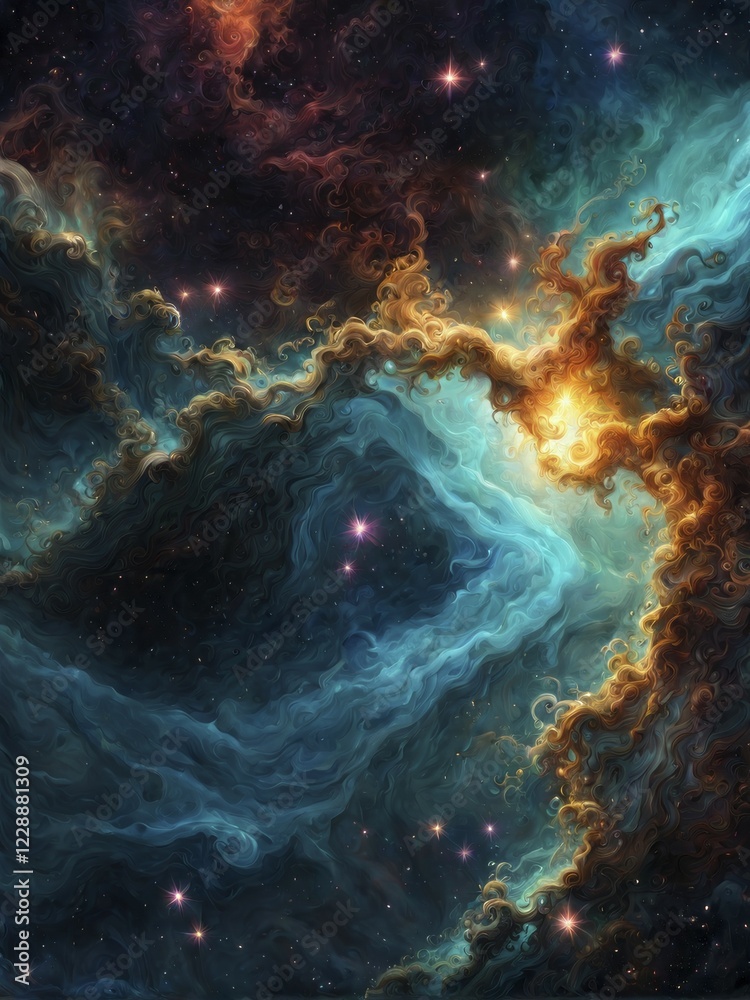 An abstract cosmic scene with colorful nebulas, twinkling stars, and a deep dark sky, AI generated An abstract cosmic scene with colorful nebulas, twinkling stars, and a deep dark sky, AI generated