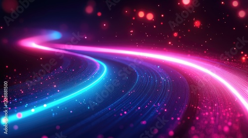 Vibrant abstract light trails in pink and blue colors create a dynamic flow against a dark background