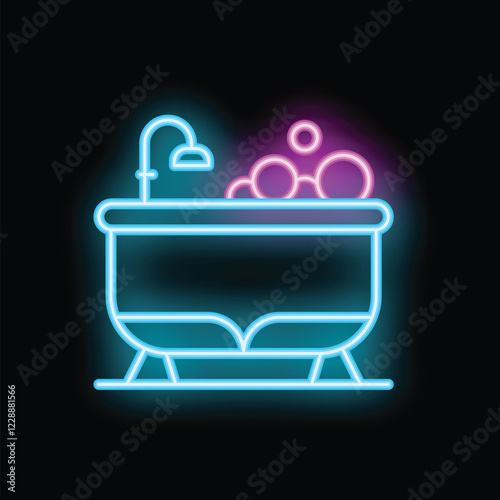 Neon bathtub with bubbles shining, glowing bright blue and pink on a dark background