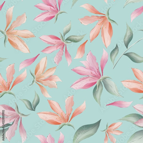 Fototapeta Naklejka Na Ścianę i Meble -  Magnolia flowers and leaves on turquoise background watercolor painting, seamless repeat pattern