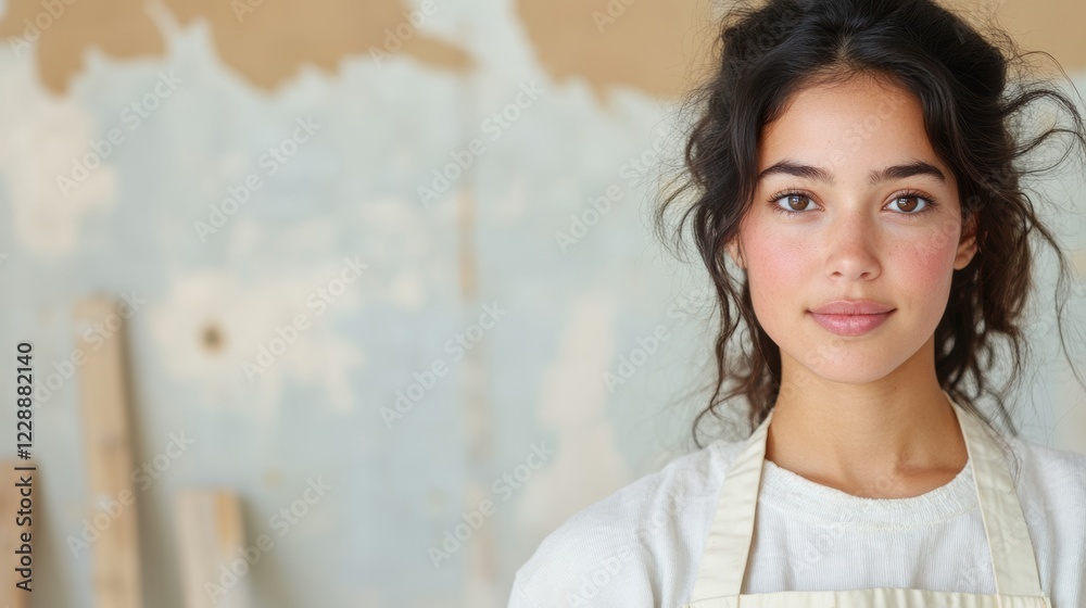 Young Artisan Woman in Apron with Creative Background in Workshop Setting Young Artisan Woman in Apron with Creative Background in Workshop Setting