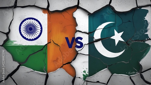 India vs Pakistan Flag Painted on Cracked Wall Background
