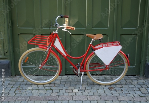 Red bicycle with empty signboard in front of a green gate in Ystad, Scania, Sweden, Europe