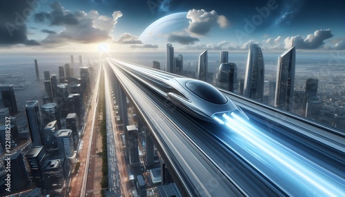 A futuristic hyperloop transport system with sleek aerodynamic design, ultra-fast speed, and AI-powered automation, set in a futuristic city landscape photo