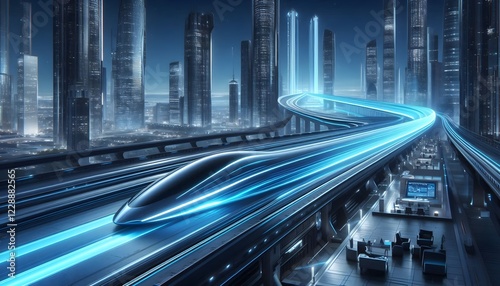 A futuristic hyperloop transport system with sleek aerodynamic design, ultra-fast speed, and AI-powered automation, set in a futuristic city landscape photo