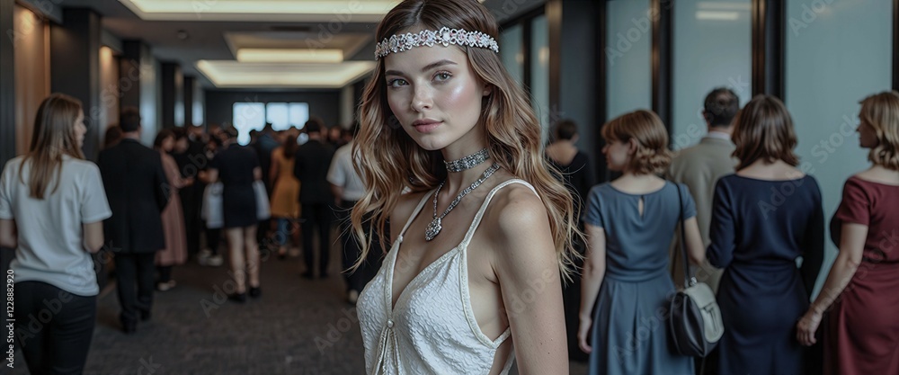 Fototapeta premium A woman with long blonde hair is standing in front of a restaurant. She is wearing a flower headband and a white tank top. There are several other people in the background