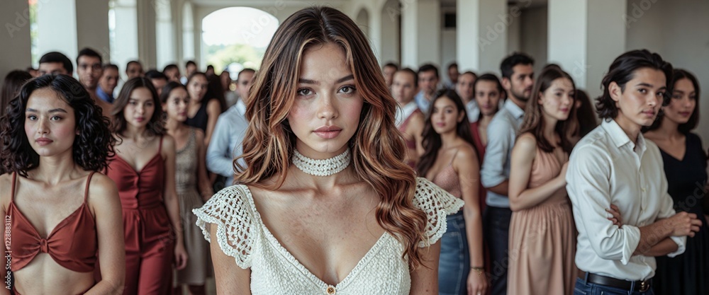 Obraz premium A group of people are standing in a room, with a woman in the center of the group