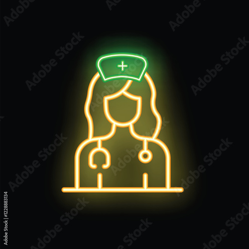 Neon sign illustration of a nurse wearing a stethoscope and hat glowing on a black background