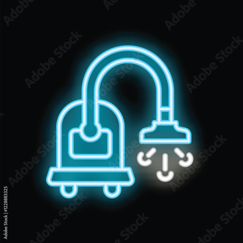 Blue neon icon of a vacuum cleaner sucking dust particles, representing the concept of housekeeping