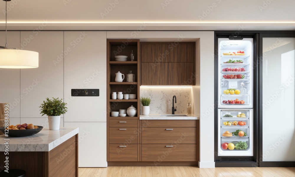 Fototapeta premium A voice-controlled AI-powered refrigerator that not only adjusts temperature but also suggests recipes based on ingredients inside. The system can also track food