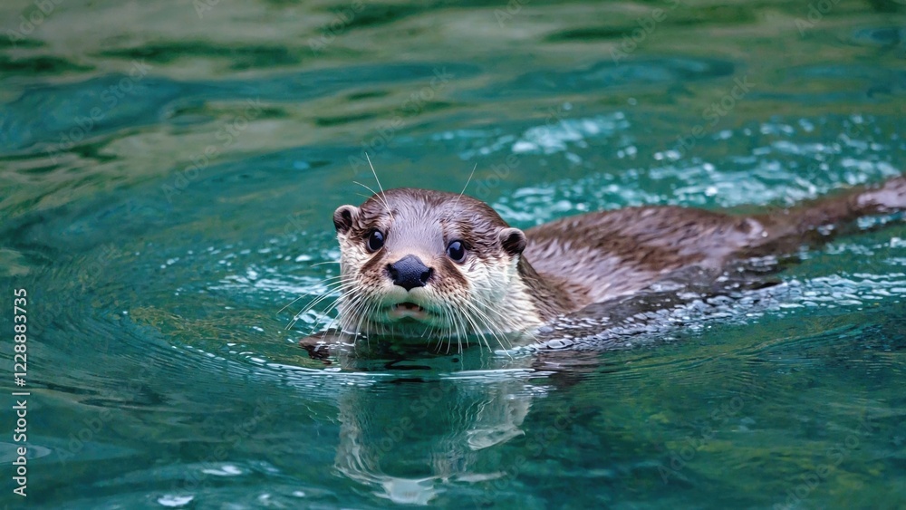 Fototapeta premium Curious Otter Swimming in Teal Water, A Captivating Wildlife Portrait