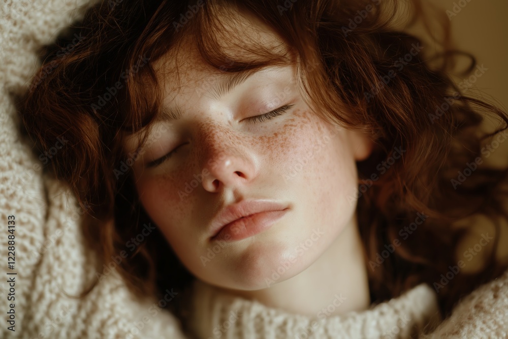 Peaceful Resting Face with Freckles and Red Hair in Cozy Knit Sweater Peaceful Resting Face with Freckles and Red Hair in Cozy Knit Sweater
