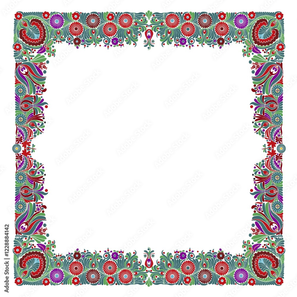 Obraz premium Hungarian folk style floral frame over white background with copy space