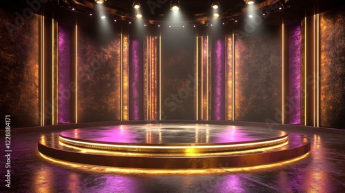 Elegant circular stage with glossy floor and geometric light panels in purple and gold symbolizing innovation, technology, and modern presentation
