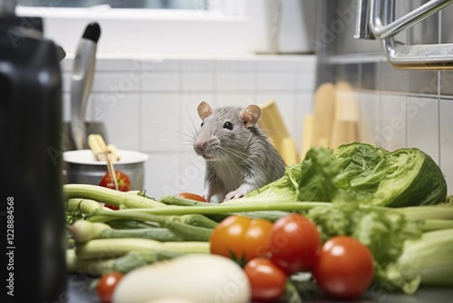 Rat sitting between food in restaurant kitchen. KI generiert, generiert AI generated photo