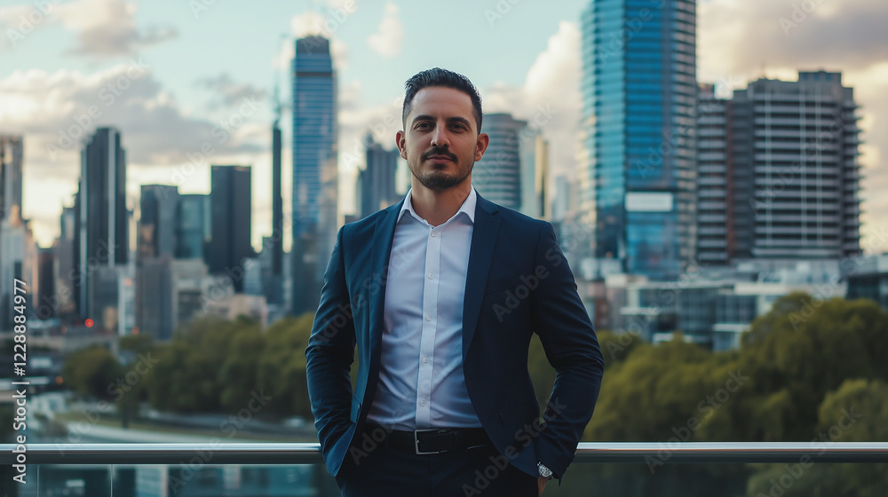 Confident businessman standing against city skyline Confident businessman standing against city skyline