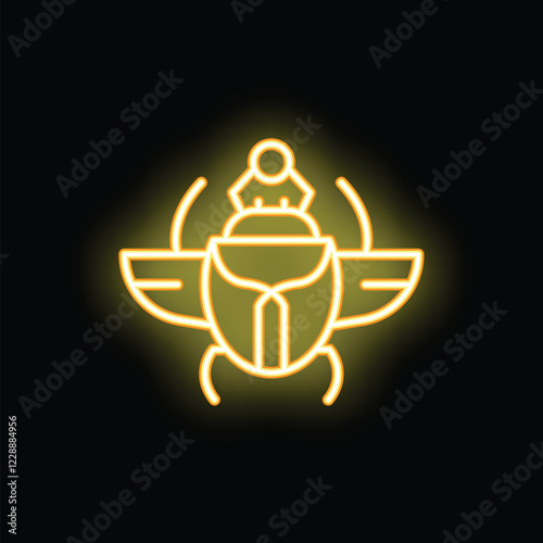 Neon scarab beetle glowing on a black background, representing ancient egyptian culture and beliefs