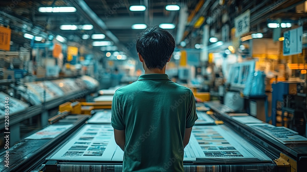 A worker in a printing factory stands in front of rows of printing presses, overlooking the production process. A worker in a printing factory stands in front of rows of printing presses, overlooking the production process.