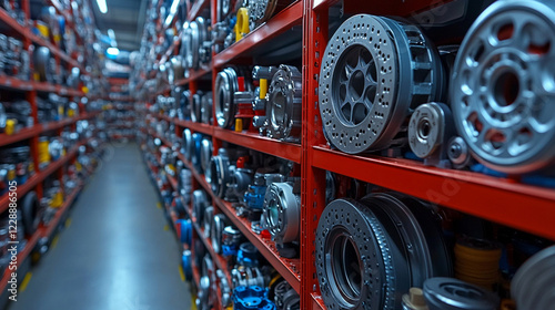Organized shelves filled with various auto parts representing efficient inventory management in a modern, minimalistic environment with bright tones and empty caption space on the side