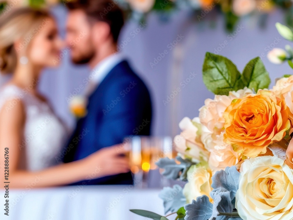 A romantic wedding scene featuring a couple in soft focus, with beautiful floral arrangements in the foreground. A romantic wedding scene featuring a couple in soft focus, with beautiful floral arrangements in the foreground.