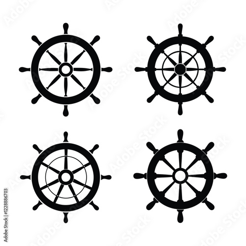 Ship steering wheel silhouettes vector set illustration