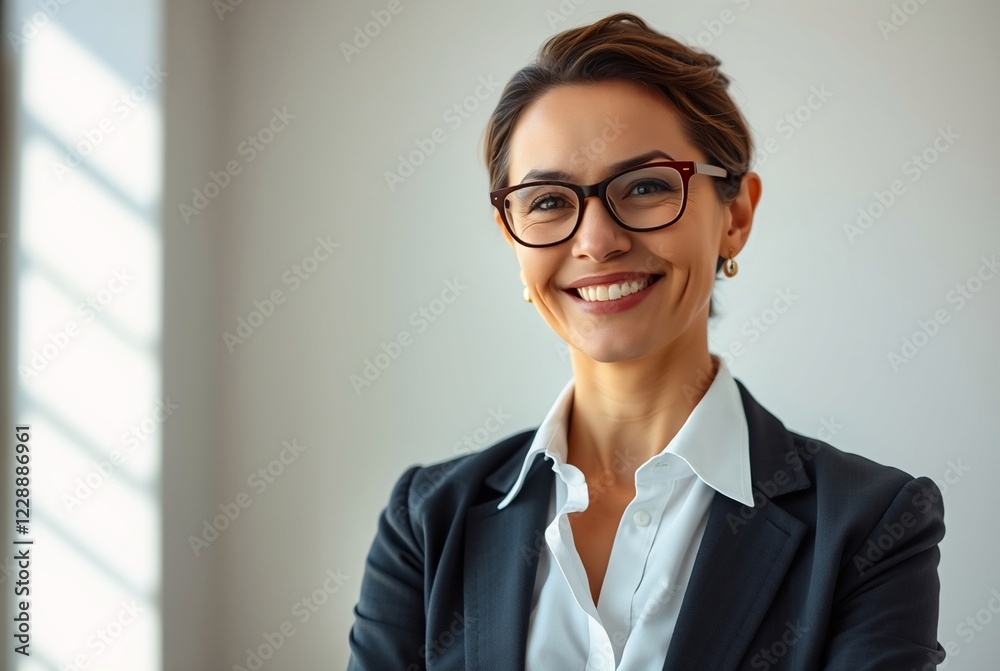 Confident Businesswoman in Professional Attire Smiling in Sunlit Office