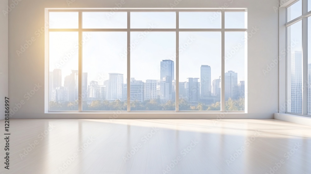 Fototapeta premium A modern, bright room with large windows showcasing a city skyline, illuminated by sunlight.