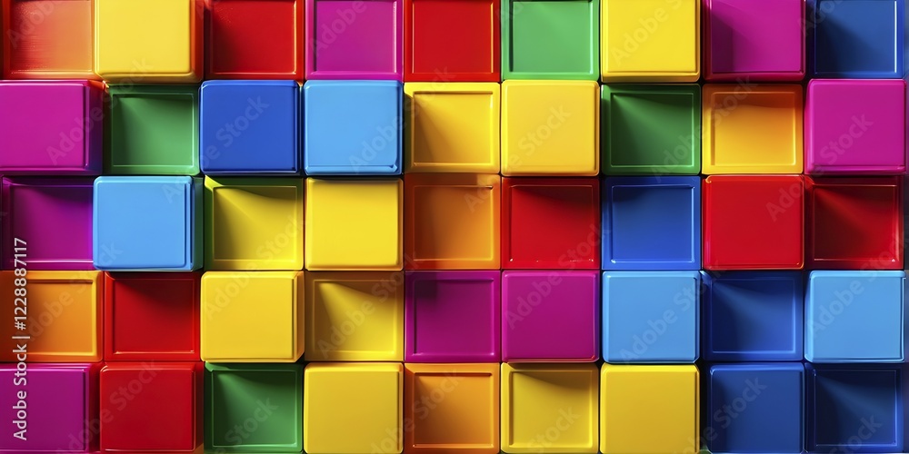 Fototapeta premium Vibrant toy blocks lined up in front of colorful background, AI generated