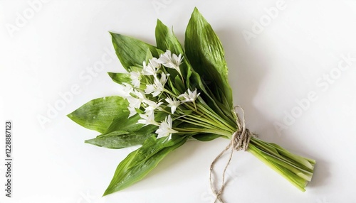 Wild garlic bundle with flowers on a white background, spring-like radiance, wild garlic, Allium ursinum, KI generated, AI generated photo