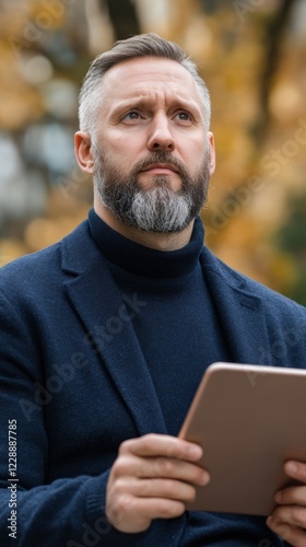 Man with a beard holding a tablet while deep in thought at a park during autumn photo