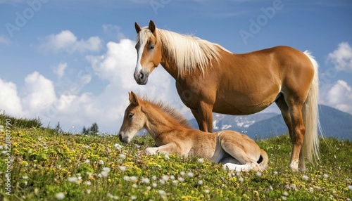 Two horses on an alpine meadow, Studio (Equus caballus) Haflinger mare and foal, AI generated