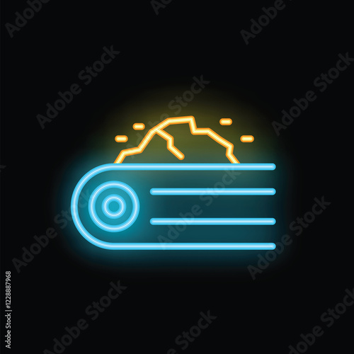 Neon icon of a conveyor belt transporting rocks, perfect for representing the mining industry
