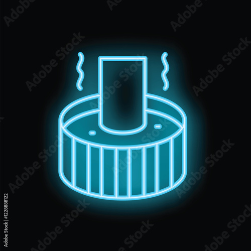 Glowing blue neon sign of a steaming hot tub, perfect for themes of relaxation, wellness, and luxury