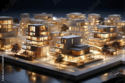 Modern architectural model crafted from polished wood bathed in soft diffuse light, AI generated