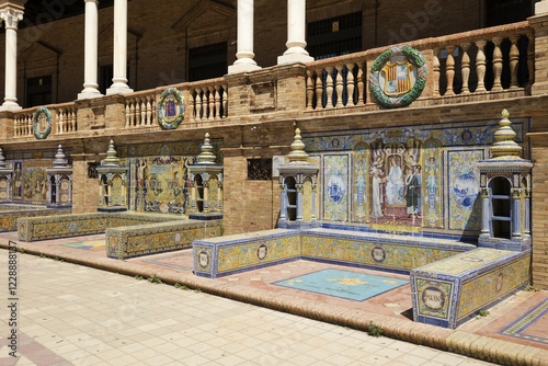Mosaic pictures from Azulejo tiles, Plaza de España, Sevilla, Andalusia, Spain, Europe