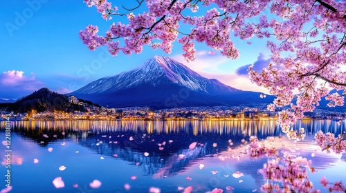 Sakura Blooms with Myoko Mountain in the Background photo