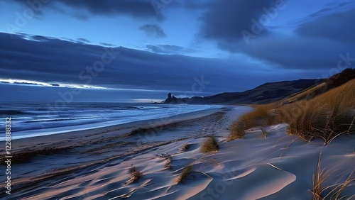 Sunset mood on a whispering tranquil costal landscape with sandy beach, AI generated photo