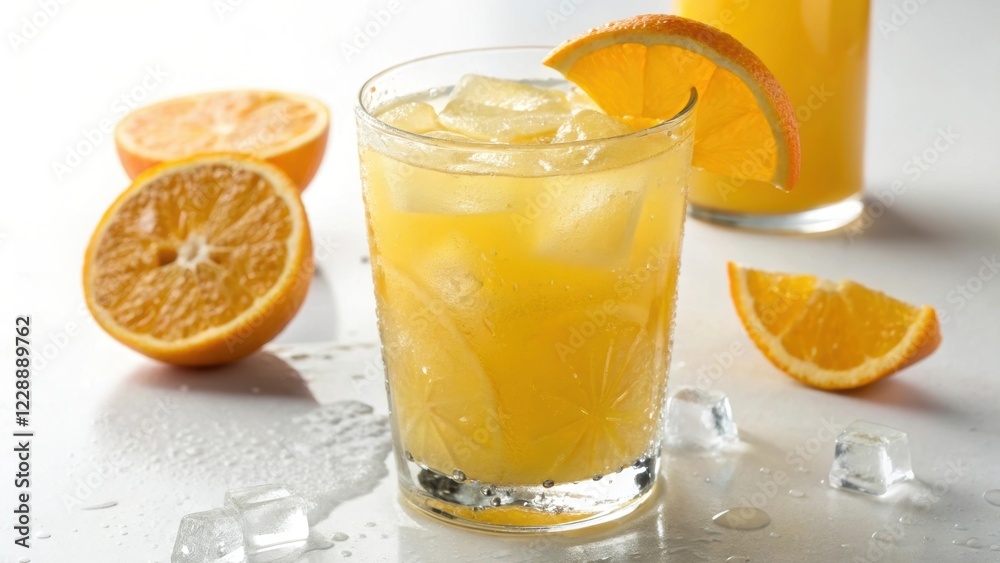 A refreshing glass of orange juice with ice, accompanied by halved oranges, perfect for a sunny day.