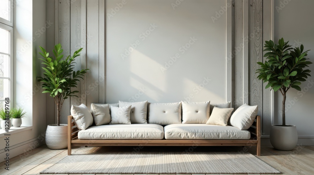 Fototapeta premium Serene Living Room with Wooden Sofa and Lush Greenery Against a Neutral Wall