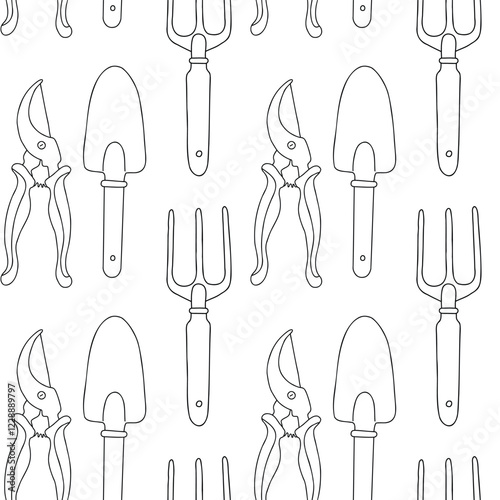 Seamless vector pattern with gardening tools, gardening, farming, floriculture.  Farmhouse wrapping paper, vegetables, vintage element, spatula, rake, pruning shears, seeds. Planting season