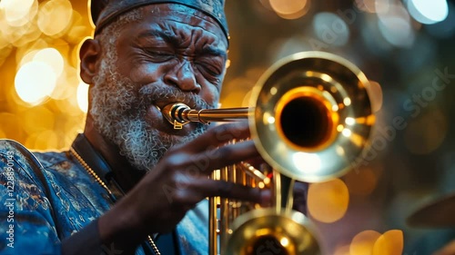 Jazz musician passionately playing trumpet in vibrant outdoor setting