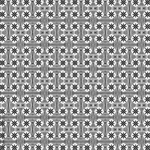 Geometric Galaxy.  This black and white pattern presents a complex and captivating geometric design. Prominent eight-pointed stars are arranged in an orderly fashion within a hexagonal structure