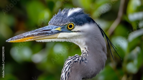 Heron portrait, wetlands, foliage background, wildlife photography photo