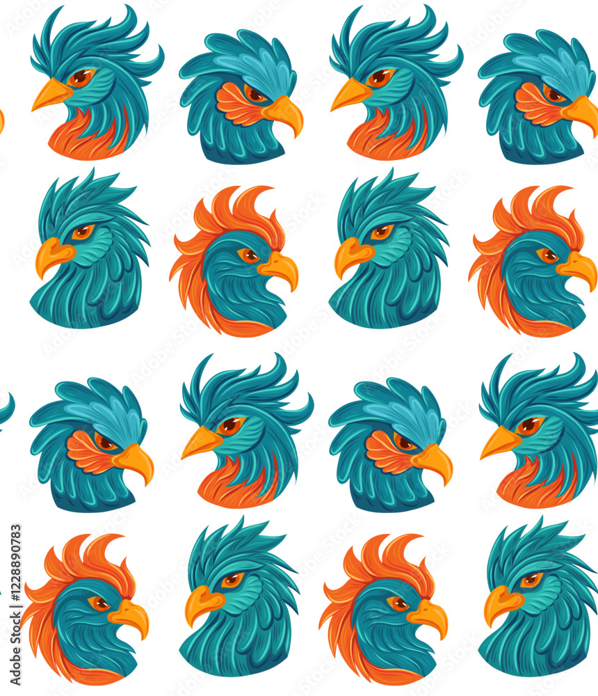 Obraz premium Vector seamless pattern with blue bird on white background. Texture with parrot heads in cartoon fantasy style. Textile with hand drawn macaws