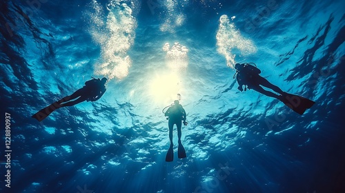 Divers ascend ocean, sunlit water, adventure travel photo